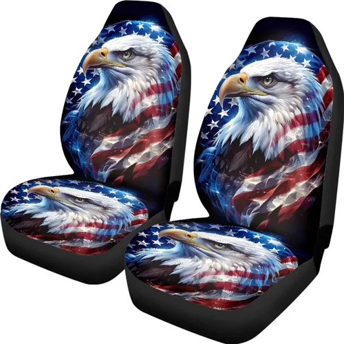 Vista 9 de ELEQIN 250 fundas de asiento delantero de automóvil con bandera patriótica estadounidense, paquete de 2 protectores de asiento de poliéster suaves