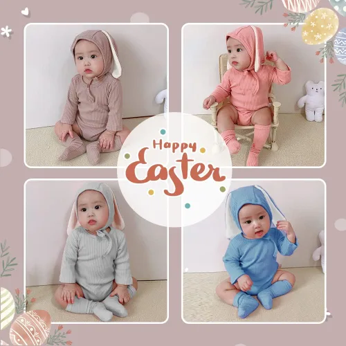 Vista 5 de XIFAMNIY Traje de conejo de Pascua para bebé, mameluco con orejas de conejo 3D para bebé recién nacido