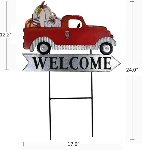 Vista 2 de Morning View Cartel de bienvenida con estacas de metal para camioneta y camioneta, color rojo, para jardín, árbol de Navidad, otoño, calabaza, al
