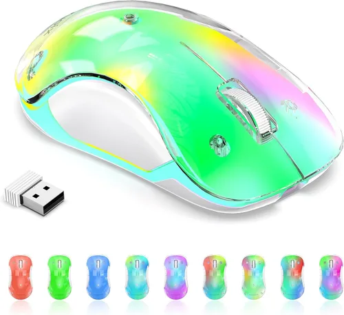 Vista 14 de memzuoix Mouse inalámbrico de 2.4G con cubierta personalizable y LED de 9 colores, ergonómico recargable, 1400 DPI, 5 botones, receptor USB para Azul