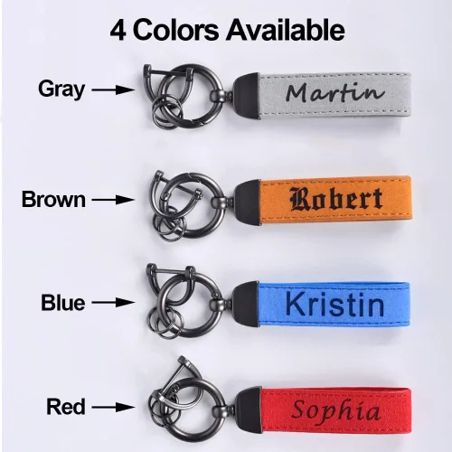 Vista 4 de Llavero de cuero personalizado para automóvil, llaveros universales personalizados para llaveros, con anillo en D antipérdida y 2 llaveros