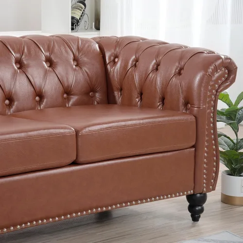 Vista 4 de Sofá Chesterfield de 3 plazas de 85 pulgadas, moderno sofá tapizado de piel sintética con brazo trasero copetudo, patas de madera negra, para Marrón