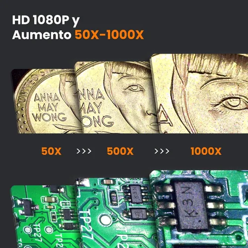 Vista 2 de Microscopio digital inalámbrico M2C 50X-1000X Microscopio portátil de mano 1080P HD con soporte ajustable, mini microscopio USB para monedas, lupa