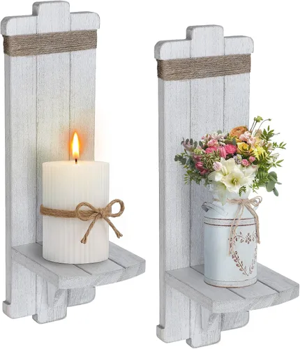 Vista 9 de Candelabros para decoración de pared de granja, 2 candelabros rústicos góticos hechos a mano de madera para montaje en pared para dormitorio, sala