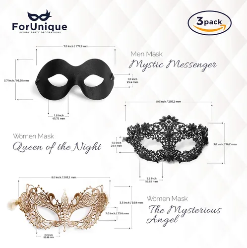 Vista 5 de Masquerade Mask for Couples Women and Men - 3 Pack Venetian Gold and Black Lace, Mardi Gras Mask