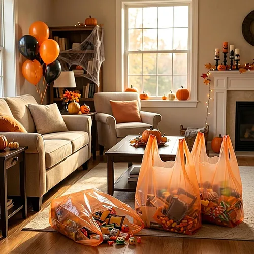 Vista 5 de LazyMe Bolsas de plástico para camisetas con asas a granel para compras y restaurantes, 12 x 20 pulgadas (naranja, 100 unidades) Plastic Grocery
