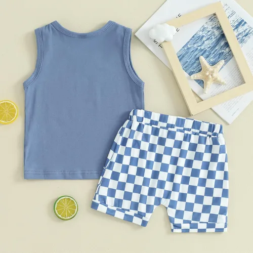 Vista 26 de Ropa de bebé niño sin mangas + pantalones cortos con estampado a rayas con bolsillos, 2 piezas de trajes de verano