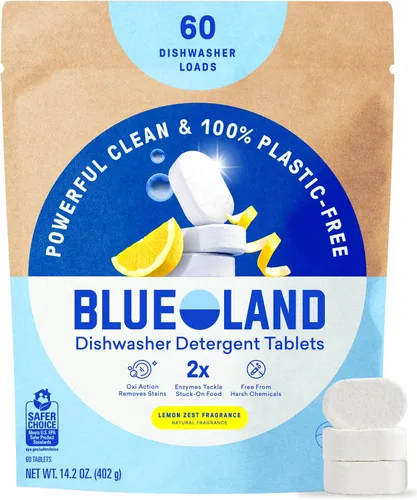 Vista 11 de BLUELAND - Tabletas de detergente para lavavajillas 100% libres de plástico, 60 unidades, libres y transparentes, ecológicas, cortan la grasa y se