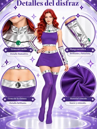 Vista 3 de Disfraz de Starfire para mujer, disfraz de Halloween para niñas, traje de superhéroe Koriandr, vestido superior, guantes, accesorios Morado