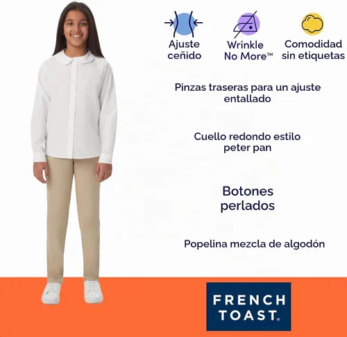 Vista 6 de French Toast Girls' Long Sleeve Woven Shirt with Peter Pan Collar Azul claro