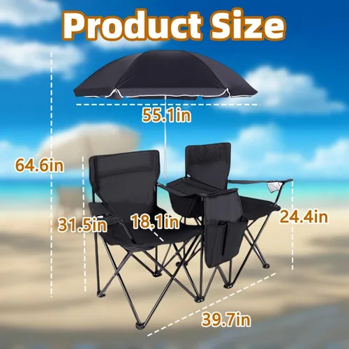 Vista 3 de Double Camping Chair with Canopy, with Cup Holder and Side Storage Pockets, for Beach, Camping and Fishing (Black)