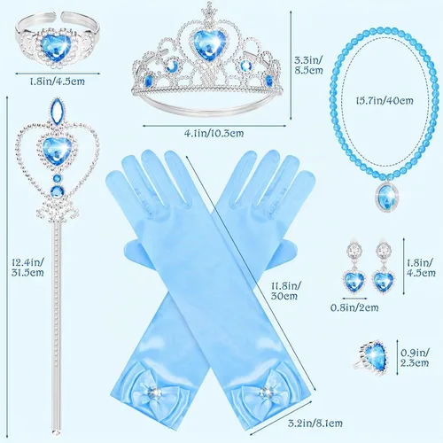 Vista 6 de Cocojeci Accesorios de fiesta de disfraces de princesa para disfraz de princesa, guantes de disfraz de tiara, collar, aretes, pulsera y anillo Azul