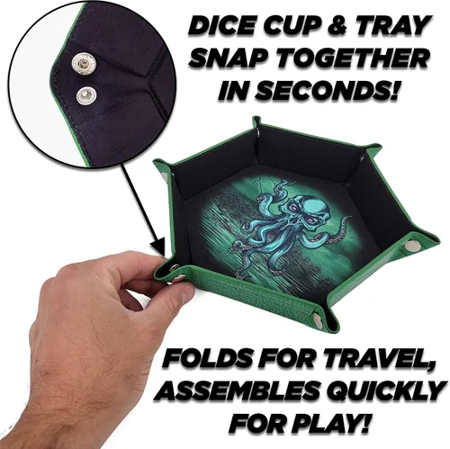 Vista 5 de CASEMATIX Bandeja plegable para rodar dados y juego de coctelera profesional para dados – Bandeja portátil para dados DND y vaso de fieltro