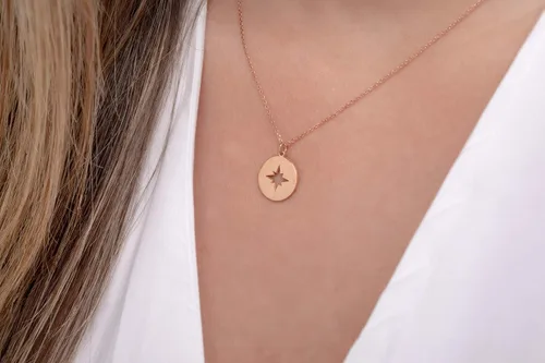Vista 6 de Round Compass Necklace for Women, Dainty Compass Disc Necklace in Solid Gold 9K,14K, &18K, Perforated Compass Necklace Open Compass