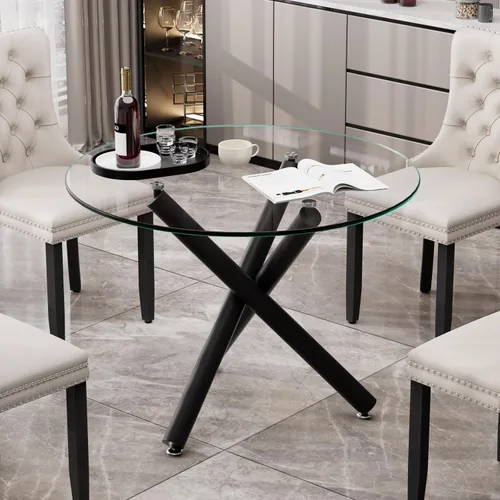Vista 3 de Mesa de comedor redonda de vidrio para 2-3, parte superior de vidrio templado moderna, patas cromadas resistentes, almohadillas ajustables