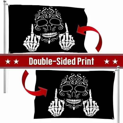 Vista 3 de Swono Bandera de calavera con diseño de esqueleto con dedo medio, bandera negra de 3 x 5 pies, bandera grande para exteriores e interiores, oficina