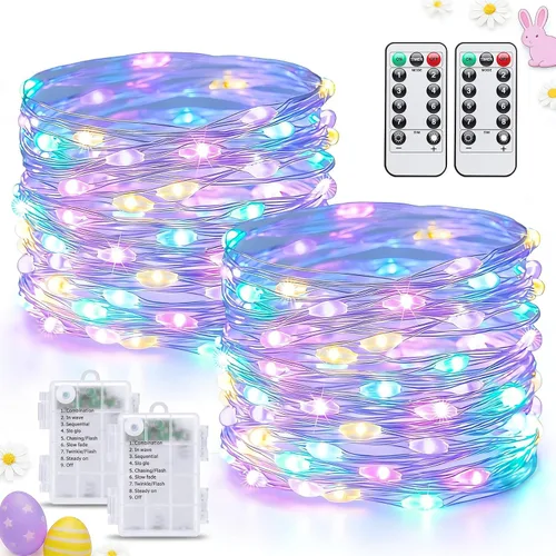 Vista 29 de JMEXSUSS Paquete de 2 Luces de Hadas Verdes a Batería, Total 200 LED 66 pies Luces de Cadena Parpadeantes con Control Remoto, 8 Modos de Luces