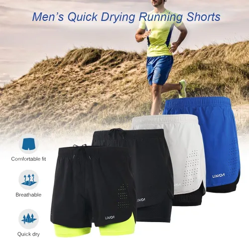 Vista 8 de Lixada - Shorts para correr, 2 en 1, para hombre, secado rápido, transpirables, entrenamiento activo, ejercicio, shorts para correr, para ciclismo.