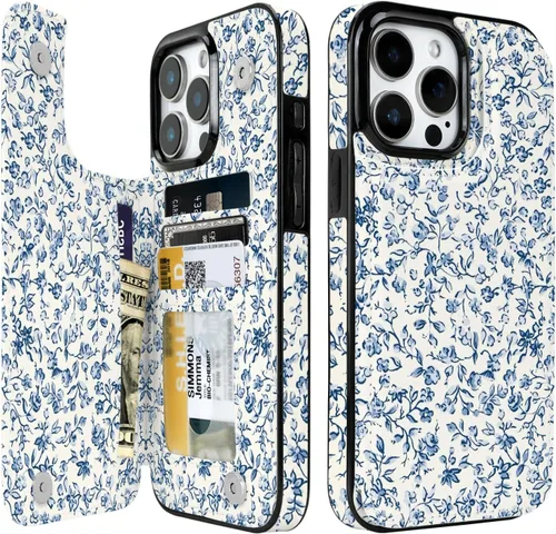 Vista 29 de Funda compatible con iPhone 14/15 con tarjetero y ranuras integradas de piel sintética con función atril y a prueba de golpes para iPhone 14/15