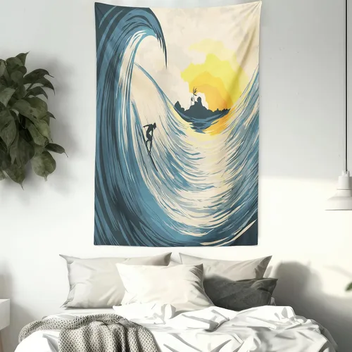 Vista 7 de Ambesonne Tapiz oceánico, ilustración de cielo nublado, isla tropical ola y surfista al atardecer paisaje marino, colgante de pared para dormitorio