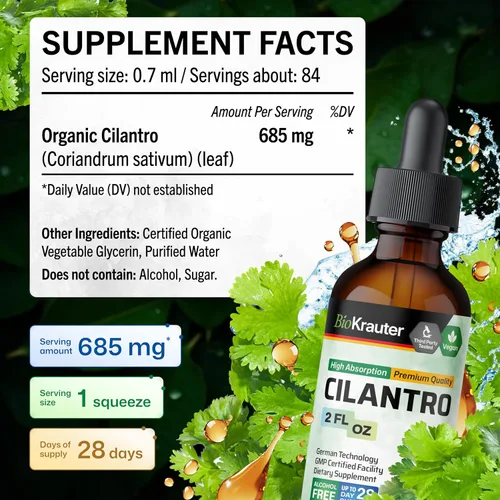 Vista 4 de BIO KRAUTER® Cilantro para limpieza desintoxicante – Suplemento antioxidante vegano, tintura de cilantro natural de 650 mg por porción – Suplemento
