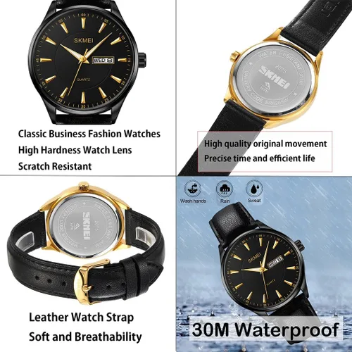 Vista 4 de SKMEI Relojes de cuero negro moda vestido clásico casual simple luz analógica impermeable día fecha calendario papá padres regalos oro reloj