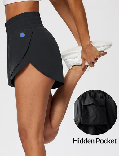 Vista 4 de baleaf Pantalones cortos de entrenamiento de 3 pulgadas para mujer, de cintura alta, atléticos, con forro, ligeros, de secado rápido A-Negro