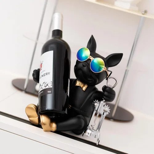 Vista 7 de Juju Bulldog - Soporte para botellas de vino, soporte para vino, para encimera, organizador único de botellas para decoración del hogar, decoración