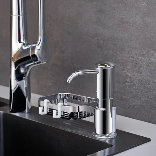 Vista 7 de Dispensador de jabón para fregadero con soporte para esponja, dispensadores de jabón integrados para fregadero de cocina, dispensador de jabón