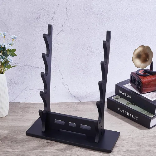 Vista 5 de arricraft Soporte de espada, soporte de pared de 5 niveles, soporte de espada de madera para Katana, almacenamiento de caña de pescar para flauta