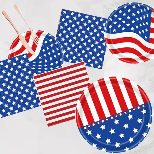 Vista 5 de Suministros de fiesta patriótica, juegos de decoración de fiesta patriótica de bandera americana, platos y servilletas de papel del 4 de julio