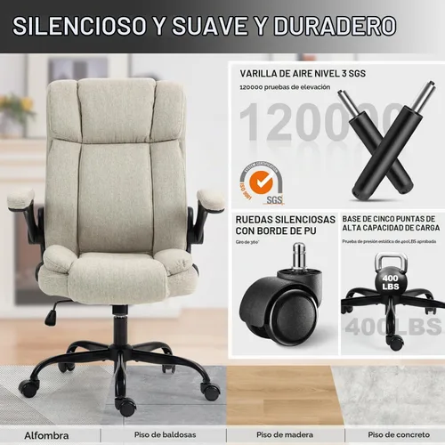 Vista 9 de Silla ejecutiva ergonómica con respaldo alto de tela, brazos Beige
