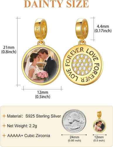 Vista 18 de Custom4U Photo Charms for Bracelets 925 Sterling Silver/Gold Plated Heart/Tree of Life/Round Charm Bead Personalized with Picture Custom