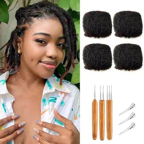 Vista 7 de Cabello humano afro apretado a granel para extensiones de rastas, 100% cabello humano, 4.23 onzas, 4 paquetes de 8 pulgadas de largo, extensiones