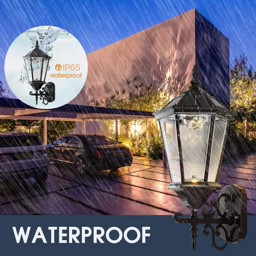Vista 10 de Lámpara solar decorativa de pared para exteriores, linterna de pared impermeable del atardecer al amanecer, lámpara LED de montaje en pared, 21