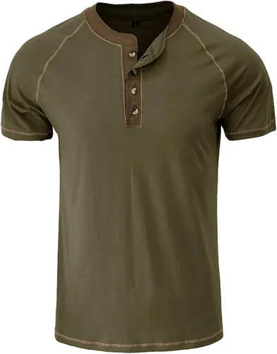 Vista 3 de Camisa casual de algodón con botones y manga corta Henley para hombre