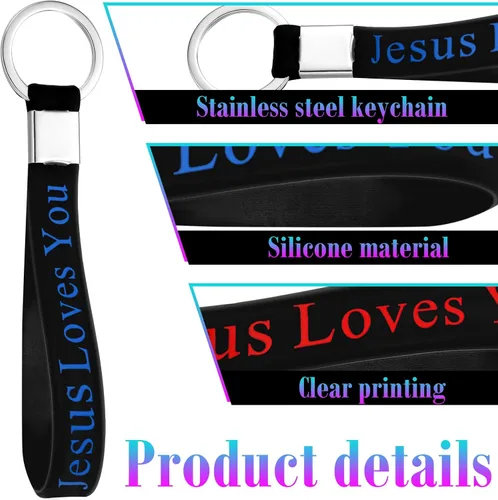 Vista 3 de Sasylvia 100 llaveros de silicona con texto en inglés "Jesus Loves You", coloridos llaveros cristianos de la Biblia, llavero religioso inspirador