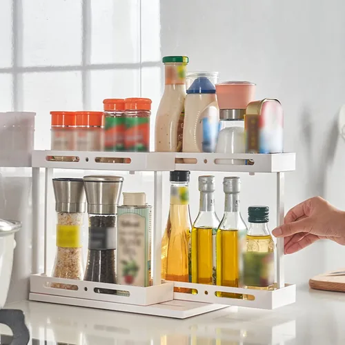 Vista 2 de DULRLLY Organizador giratorio para especias, 2 estantes de especias de dos pisos, organizador de armario de cocina extraíble para tiendas recetas
