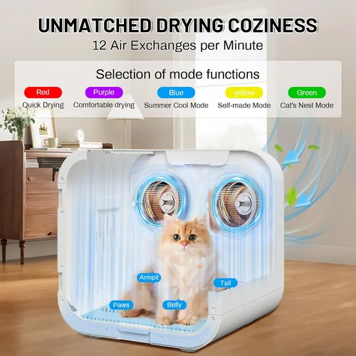 Vista 2 de Caja secadora automática de pelo para mascotas, soplador de ventiladores de doble motor de 70L para gatos y perros pequeños, secado de 360°, control