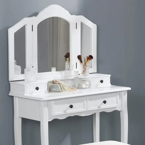 Vista 4 de Roundhill Furniture, Sanlo - Juego de tocador y banco de madera, blanco