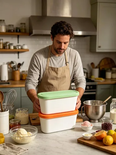 Vista 2 de Recipientes reutilizables para helados caseros (2.2 cuartos de galón) Juego naranja+verde