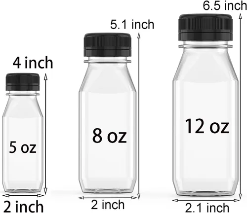 Vista 2 de 5 piezas de botellas de jugo de plástico reutilizables de 6 oz, recipientes transparentes a granel con tapas negras para jugo, batidos, té, leche