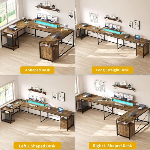Vista 4 de DWVO Escritorio en forma de U con cajones, escritorio reversible en forma de L de 79 pulgadas con tomas de corriente y luces LED, escritorio