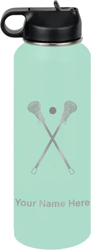 Vista 77 de LaserGram Botella de agua personalizada, palitos de lacrosse, acero inoxidable de doble pared aislada al vacío con popote superior, regalo grabado