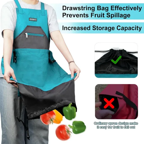 Vista 2 de Delantal de jardín, delantales de cosecha con bolsa de cordón y bolsillos para mujeres y hombres, delantal de lona para recolección de frutas