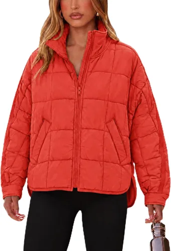Vista 17 de Omoone Chaqueta acolchada con cremallera para mujer, ligera y acolchonada, con capucha, de gran tamaño Verde militar