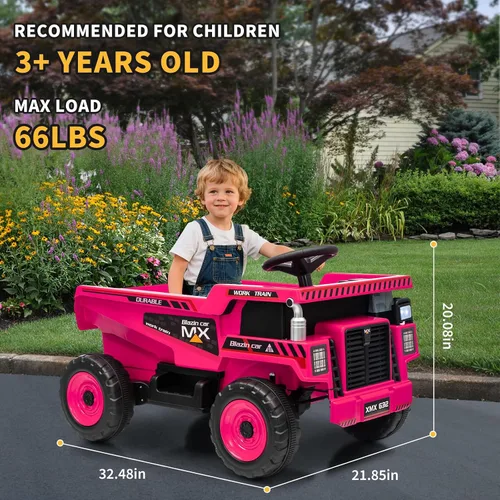 Vista 3 de Camión volquete eléctrico de 12 V para niños, vehículos de construcción de 4 ruedas con control remoto, cama de basura, pala, luces LED, música Rosa