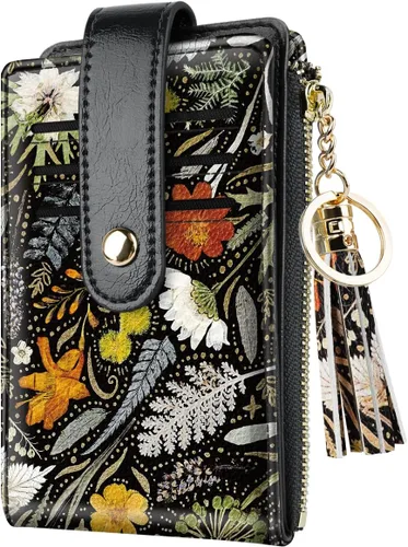 Vista 17 de Cartera delgada con bloqueo RFID para mujer, cartera de cuero con múltiples tarjetas, cartera plegable con borla, bolsillo con cremallera