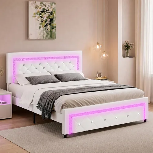 Vista 13 de BarnFurin Marco de cama Twin con luces LED, cama de plataforma tapizada con cabecera capitonada de diamante, no necesita somier, sin ruido, fácil