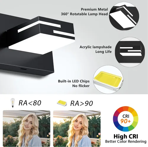 Vista 2 de Lámparas LED modernas para tocador de baño, 2 luces regulables de 15 pulgadas, color negro mate, para accesorios de iluminación de baño sobre